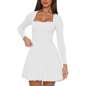 imageKaximil Womens Square Neck Long Sleeve Mini Dress Ruffle Hem Corset Short Party Club DressesWhite