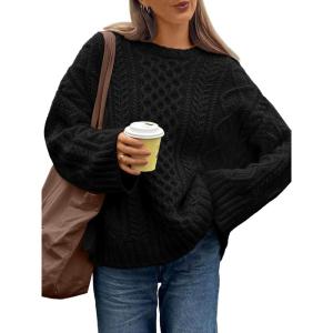 imageTrendy Queen Oversized Cable Knit Sweaters for Women Trendy 2025 Fall Fashion Outfits Pullover Crewneck Sweaters TopsBlack
