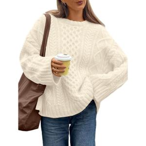imageTrendy Queen Oversized Cable Knit Sweaters for Women Trendy 2025 Fall Fashion Outfits Pullover Crewneck Sweaters TopsCream