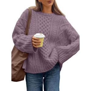imageTrendy Queen Oversized Cable Knit Sweaters for Women Trendy 2025 Fall Fashion Outfits Pullover Crewneck Sweaters TopsMauve Taupe