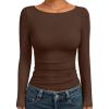 imageTrendy Queen Womens Boat Neck Tops Long Sleeve Shirts Casual Fitted Tee Shirts Solid Color Fall Basic Clothes 2025Chocolatebrown