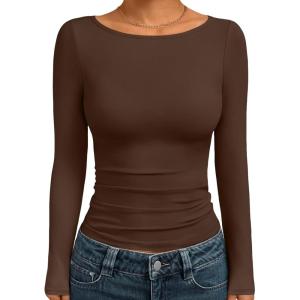 imageTrendy Queen Womens Boat Neck Tops Long Sleeve Shirts Casual Fitted Tee Shirts Solid Color Fall Basic Clothes 2025Chocolatebrown
