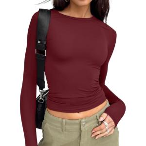 imageTrendy Queen Womens Long Sleeve T Shirts Fall Fashion 2025 Basic Crop Tops Going Out Outfits Y2k ClothesBurgundy