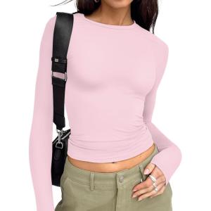 imageTrendy Queen Womens Long Sleeve T Shirts Fall Fashion 2025 Basic Crop Tops Going Out Outfits Y2k ClothesPink