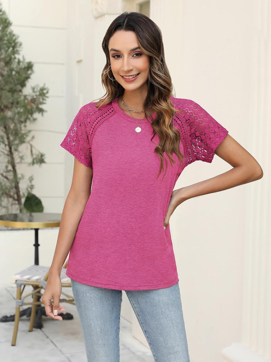 imageWomens Lace Short Sleeve Tops Dressy Casual Blouses Business Work Shirts 2025 Trendy Summer T ShirtHot Pink