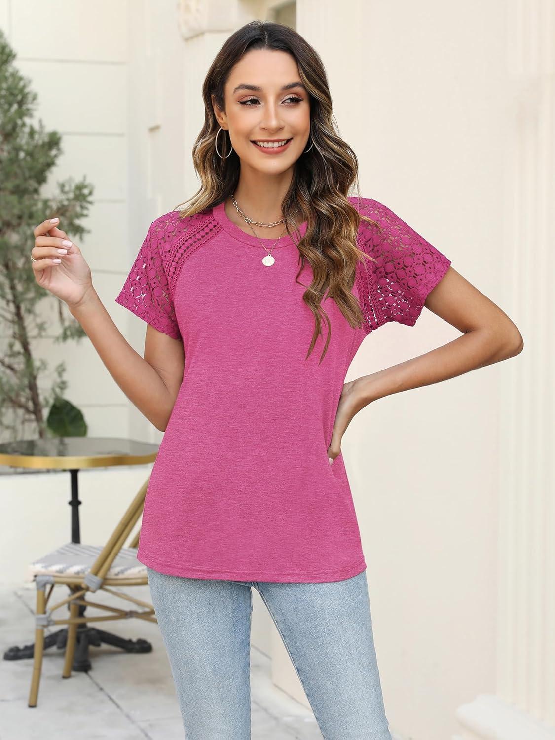 imageWomens Lace Short Sleeve Tops Dressy Casual Blouses Business Work Shirts 2025 Trendy Summer T ShirtHot Pink