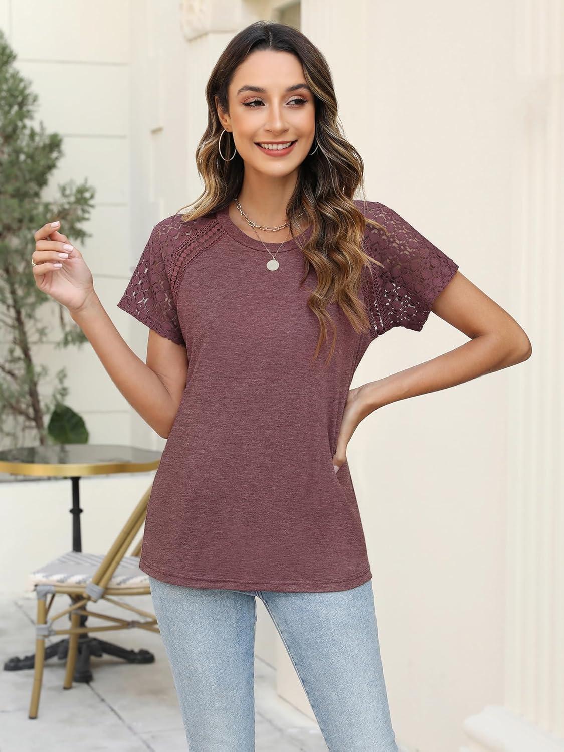 imageWomens Lace Short Sleeve Tops Dressy Casual Blouses Business Work Shirts 2025 Trendy Summer T ShirtWine Red