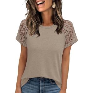 imageWomens Lace Short Sleeve Tops Dressy Casual Blouses Business Work Shirts 2025 Trendy Summer T ShirtBeige
