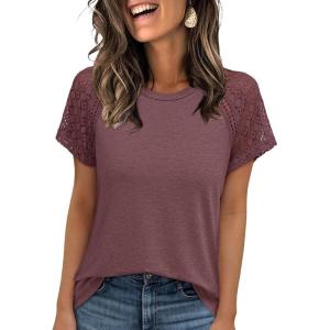 imageWomens Lace Short Sleeve Tops Dressy Casual Blouses Business Work Shirts 2025 Trendy Summer T ShirtWine Red