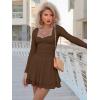 imageKaximil Womens Long Sleeve Square Neck Mini Dress Ruched Ruffle Corset A Line Party Short DressesCoffee