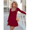 imageKaximil Womens Long Sleeve Square Neck Mini Dress Ruched Ruffle Corset A Line Party Short DressesWine Red