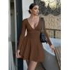 imageKaximil Womens Sexy Long Sleeve V Neck Mini Dress Ruched A Line Flowy Cocktail Party Short DressesCoffee
