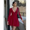 imageKaximil Womens Sexy Long Sleeve V Neck Mini Dress Ruched A Line Flowy Cocktail Party Short DressesWine Red