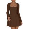 imageKaximil Womens Long Sleeve Square Neck Mini Dress A Line Ruffle Work Short Party DressesCoffee