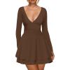 imageKaximil Womens Sexy Long Sleeve V Neck Mini Dress Ruched A Line Flowy Cocktail Party Short DressesCoffee
