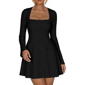 imageKaximil Womens Long Sleeve Square Neck Mini Dress A Line Ruffle Work Short Party DressesBlack