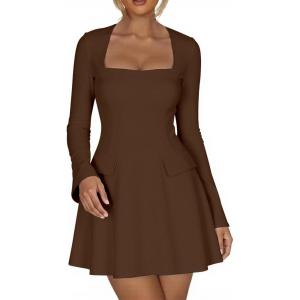 imageKaximil Womens Long Sleeve Square Neck Mini Dress A Line Ruffle Work Short Party DressesCoffee