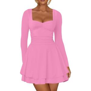 imageKaximil Womens Long Sleeve Square Neck Mini Dress Ruched Ruffle Corset A Line Party Short DressesPink