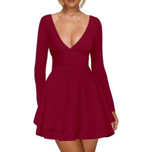 imageKaximil Womens Sexy Long Sleeve V Neck Mini Dress Ruched A Line Flowy Cocktail Party Short DressesWine Red