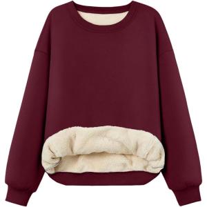 imageTrendy Queen Fleece Sherpa Lined Sweatshirts for Women 2025 Fall Fashion Winter Crewneck Pullover Hoodies Outfits ClothesWine Red
