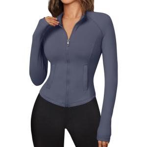 imageTrendy Queen Womens Full Zip Up Scrubs Lightweight Jacket Cropped Long Sleeve Workout Sweatshirts Slim Fit Running HoodiesNavy Blue