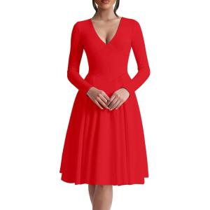 imageKaximil Womens Long Sleeve V Neck A Line Formal Dress Ruffle Flowy Cocktail Party Midi DressesRed