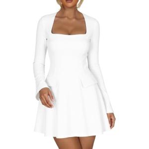 imageKaximil Womens Long Sleeve Square Neck Mini Dress A Line Ruffle Work Short Party DressesWhite