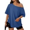 imageTrendy Queen Womens Off The Shoulder Tops Oversized TShirts Short Sleeve Tees Summer 2025 Casual Spring Fashion ClothesBlue