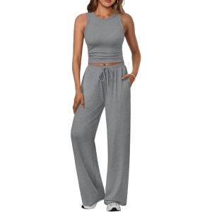 imageTrendy Queen Womens 2 Piece Sweatsuits Lounge Sets Track suits Sleeveless Tank Tops Wide Leg Pants Matching Outfits 2026Grey