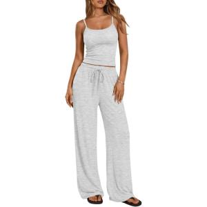 imageTrendy Queen Womens 2Piece Lounge Set  Camisole Top ampamp Wide Leg PantsOatmeal Grey