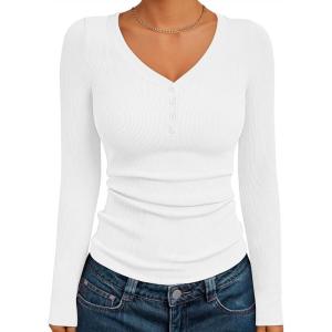 imageTrendy Queen Womens Long Sleeve Shirts Henley V Neck Ribbed Knit Tops Business Casual Basic TeesWhite
