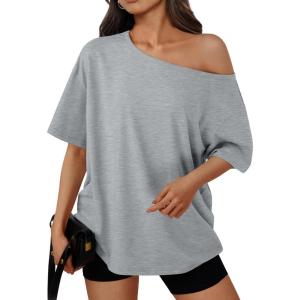 imageTrendy Queen Womens Off The Shoulder Tops Oversized TShirts Short Sleeve Tees Summer 2025 Casual Spring Fashion ClothesGrey