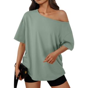 imageTrendy Queen Womens Off The Shoulder Tops Oversized TShirts Short Sleeve Tees Summer 2025 Casual Spring Fashion ClothesGrey Green