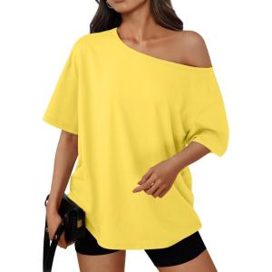 imageTrendy Queen Womens Off The Shoulder Tops Oversized TShirts Short Sleeve Tees Summer 2025 Casual Spring Fashion ClothesYellow