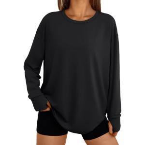 imageTrendy Queen Womens Oversized T Shirts Fall Thumb Hole Long Sleeve Workout Tops Fashion Plus Size Gym Loose Y2k Tunic TeeBlack