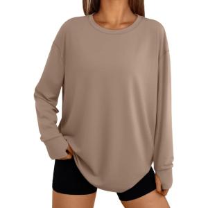 imageTrendy Queen Womens Oversized T Shirts Fall Thumb Hole Long Sleeve Workout Tops Fashion Plus Size Gym Loose Y2k Tunic TeeKhaki