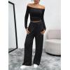 image:imageTrendy Queen 2 Piece Off Shoulder Set Womens Wide Leg Pants Side Ruching Slightly Crop Top SetsBlack