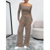 image:imageTrendy Queen 2 Piece Off Shoulder Set Womens Wide Leg Pants Side Ruching Slightly Crop Top SetsMocha