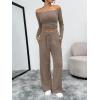 image:imageTrendy Queen 2 Piece Off Shoulder Set Womens Wide Leg Pants Side Ruching Slightly Crop Top SetsMocha