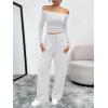 image:imageTrendy Queen 2 Piece Off Shoulder Set Womens Wide Leg Pants Side Ruching Slightly Crop Top SetsOatmeal Grey