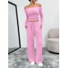 image:imageTrendy Queen 2 Piece Off Shoulder Set Womens Wide Leg Pants Side Ruching Slightly Crop Top SetsPink