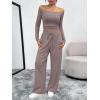 image:imageTrendy Queen 2 Piece Off Shoulder Set Womens Wide Leg Pants Side Ruching Slightly Crop Top SetsRose Taupe