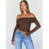 image:imageTrendy Queen Women Long Sleeve Shirts Off Shoulder Tops Going Out Crop Sexy Slim Fitted Y2K Fall Outfits 2026 Fashion ClothesCoffee