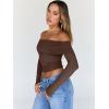 image:imageTrendy Queen Women Long Sleeve Shirts Off Shoulder Tops Going Out Crop Sexy Slim Fitted Y2K Fall Outfits 2026 Fashion ClothesCoffee
