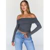 image:imageTrendy Queen Women Long Sleeve Shirts Off Shoulder Tops Going Out Crop Sexy Slim Fitted Y2K Fall Outfits 2026 Fashion ClothesGrey