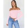 image:imageTrendy Queen Women Long Sleeve Shirts Off Shoulder Tops Going Out Crop Sexy Slim Fitted Y2K Fall Outfits 2026 Fashion ClothesPink