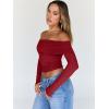 image:imageTrendy Queen Women Long Sleeve Shirts Off Shoulder Tops Going Out Crop Sexy Slim Fitted Y2K Fall Outfits 2026 Fashion ClothesRed