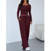 image:imageTrendy Queen Womens 2 Piece Matching Lounge Sets Long Sleeve Henley Neck Slightly Crop Top Wide Leg Pants Casual Sweat SuitWine Red