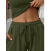 image:imageTrendy Queen Womens 2 Piece Matching Lounge Sets Summer Henley Neck Slightly Crop Top Wide Leg Pants Casual Sweat SuitArmy Green
