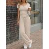 image:imageTrendy Queen Womens 2 Piece Matching Lounge Sets Summer Henley Neck Slightly Crop Top Wide Leg Pants Casual Sweat SuitBeige